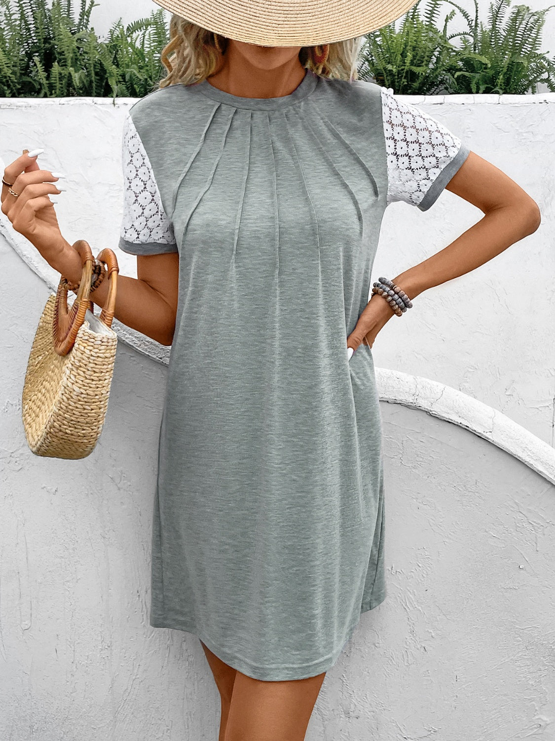 Lace Detail Round Neck Short Sleeve Mini Dress.