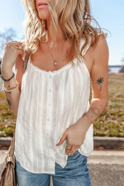 Lace detail ruffled buttoned loose fit tank top.