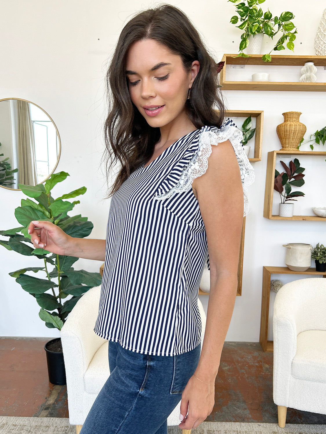 Perfee Lace Detail Ruffled Striped V-Neck Cap Sleeve Blouse.