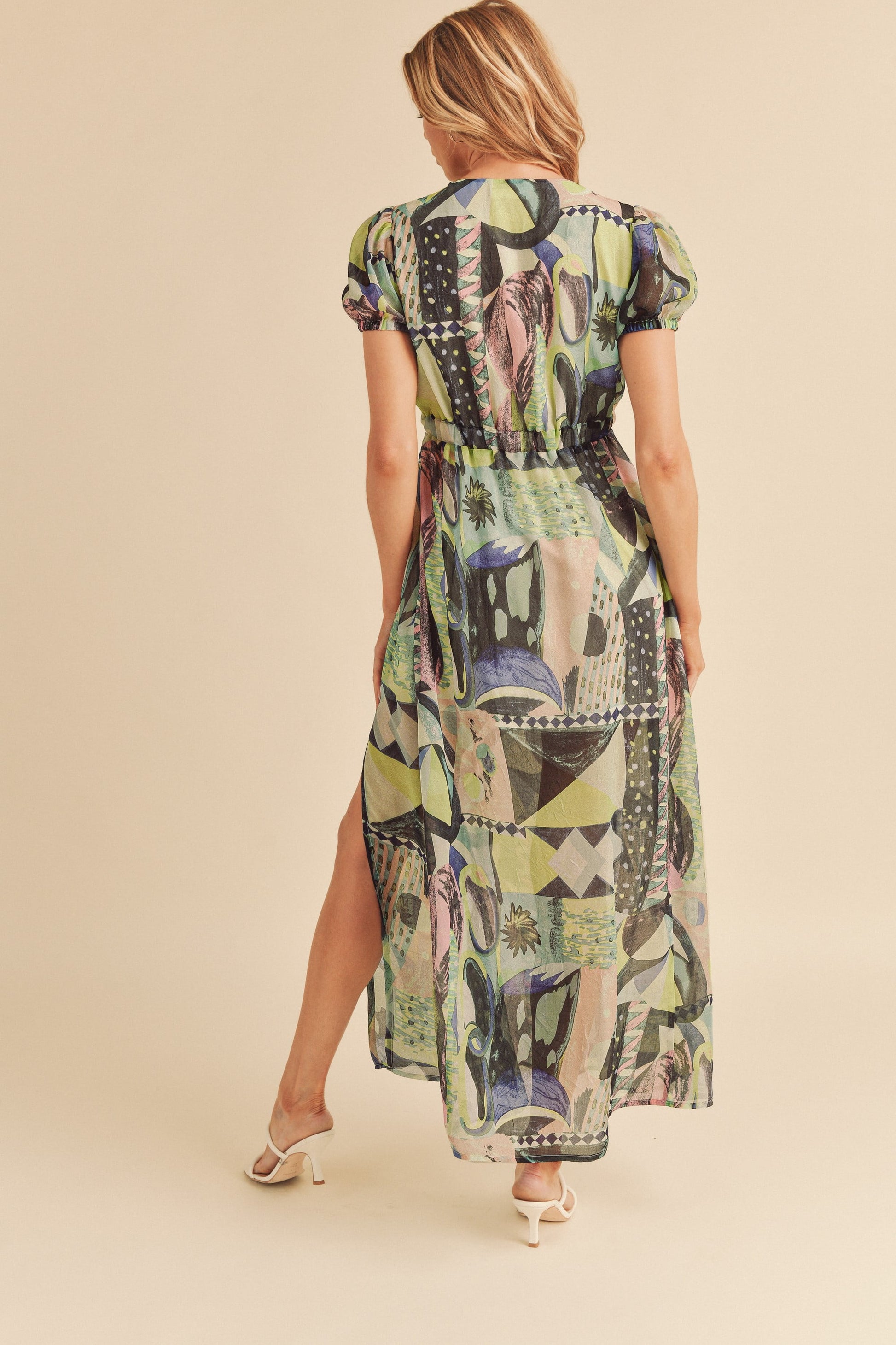 Aemi Co Lace Detail Slit Geometric Print Short Sleeve Maxi Dress.