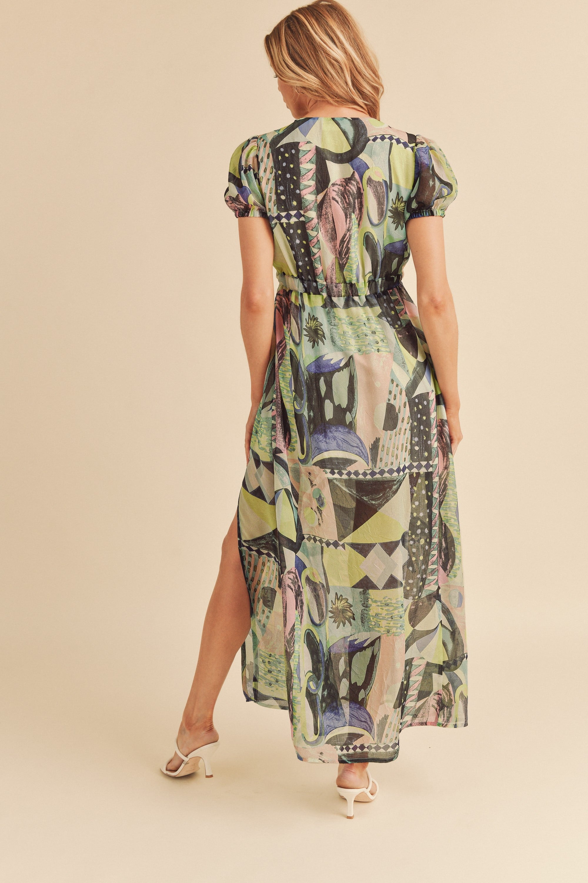 Aemi Co Lace Detail Slit Geometric Print Short Sleeve Maxi Dress.