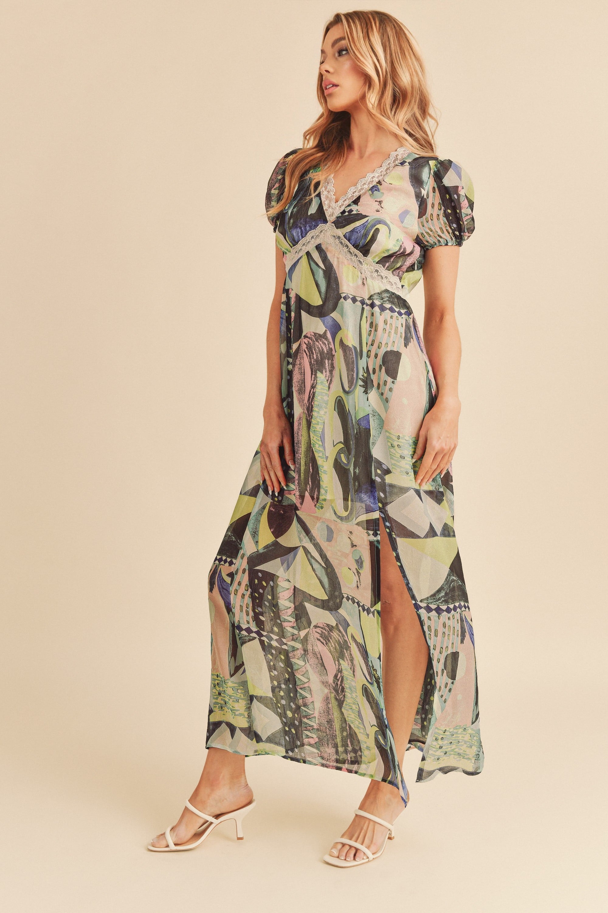 Aemi Co Lace Detail Slit Geometric Print Short Sleeve Maxi Dress.