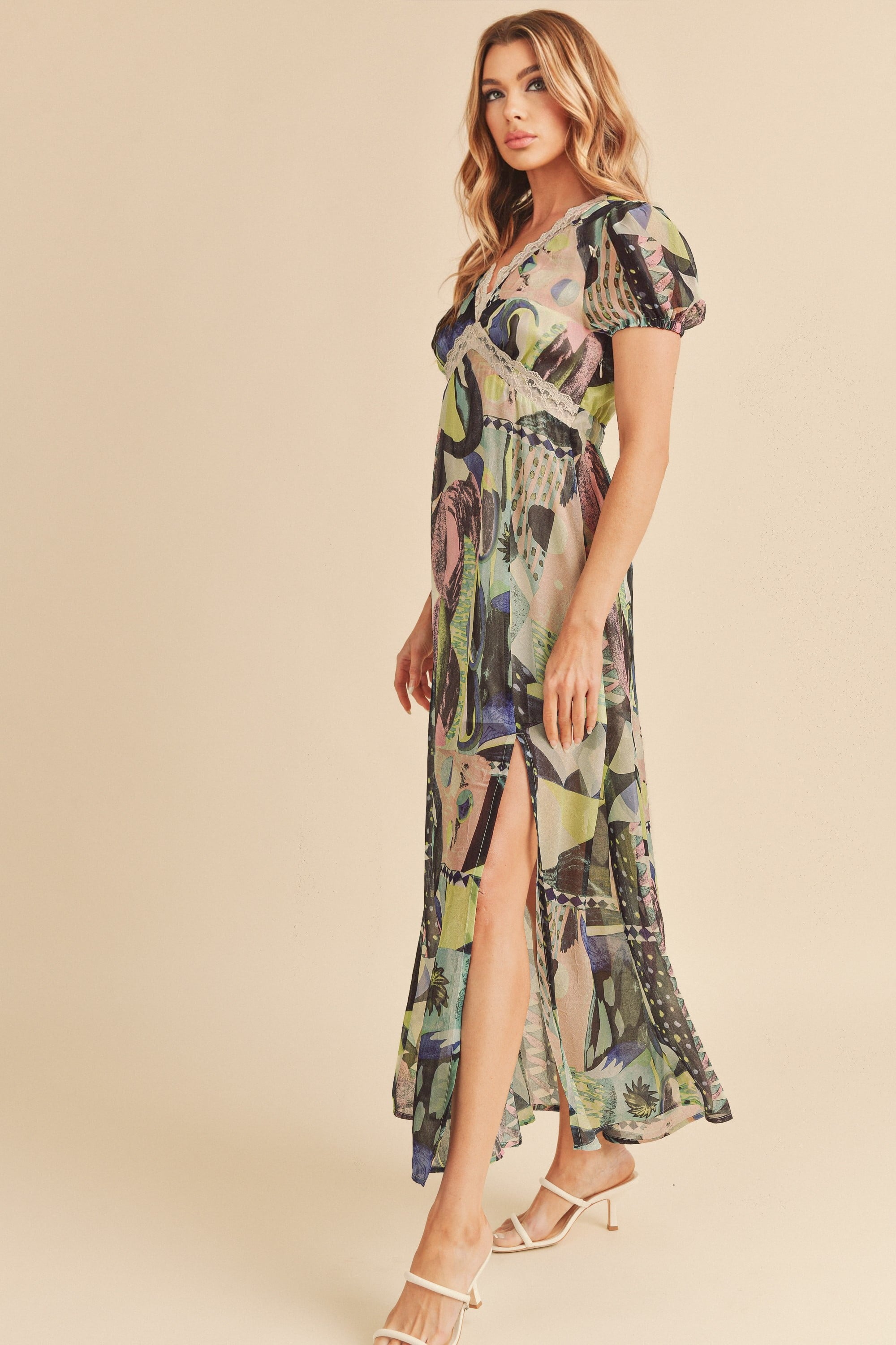 Aemi Co Lace Detail Slit Geometric Print Short Sleeve Maxi Dress.