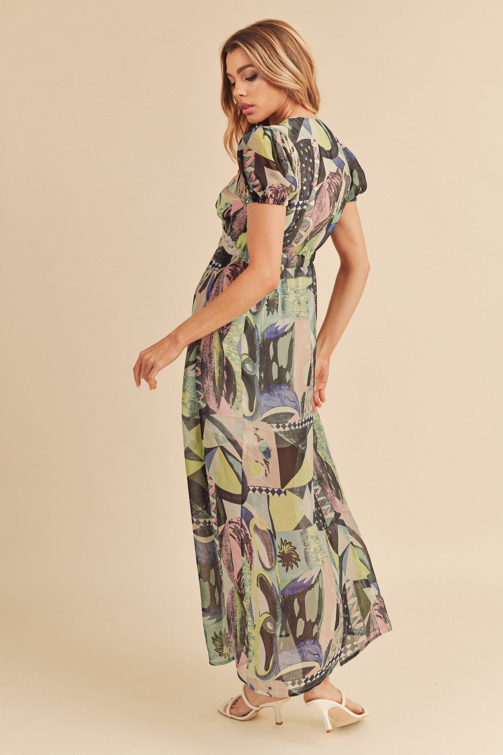 Aemi Co Lace Detail Slit Geometric Print Short Sleeve Maxi Dress.