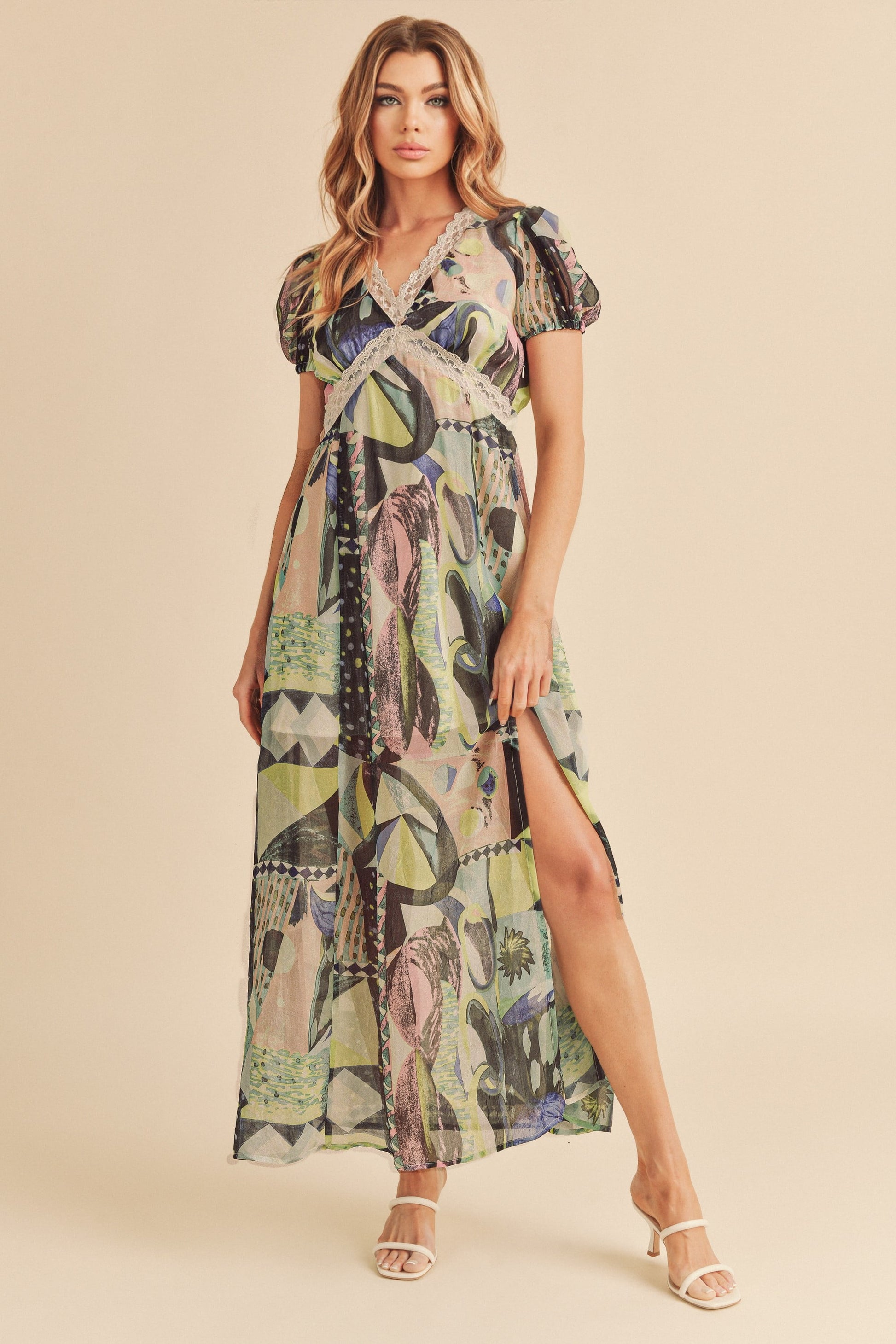 Aemi Co Lace Detail Slit Geometric Print Short Sleeve Maxi Dress.