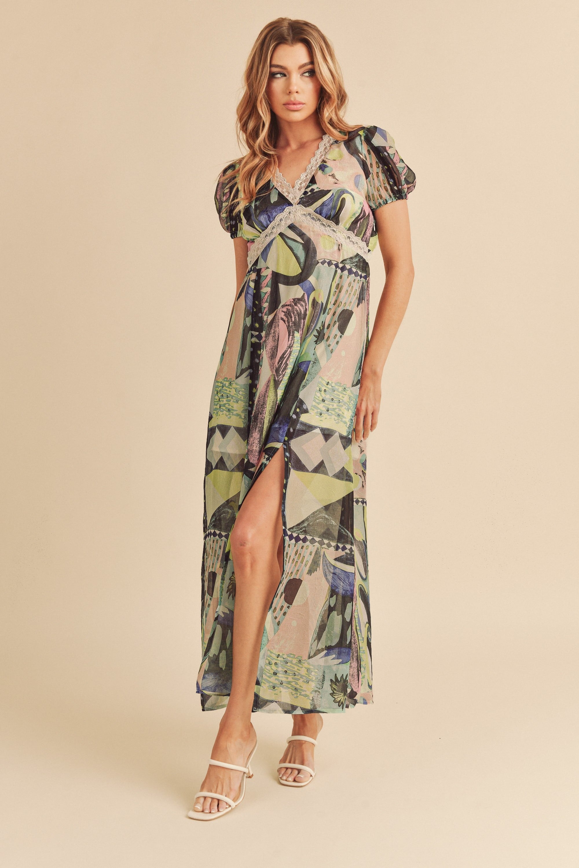 Aemi Co Lace Detail Slit Geometric Print Short Sleeve Maxi Dress.