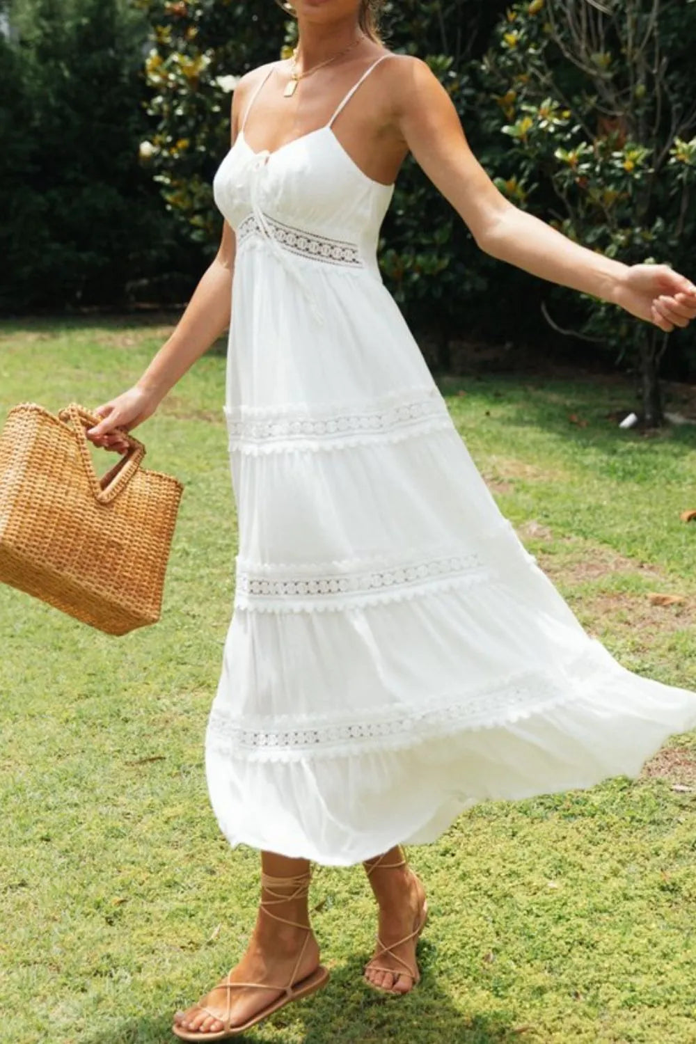 Lace Detail Smocked Midi Cami Dress.