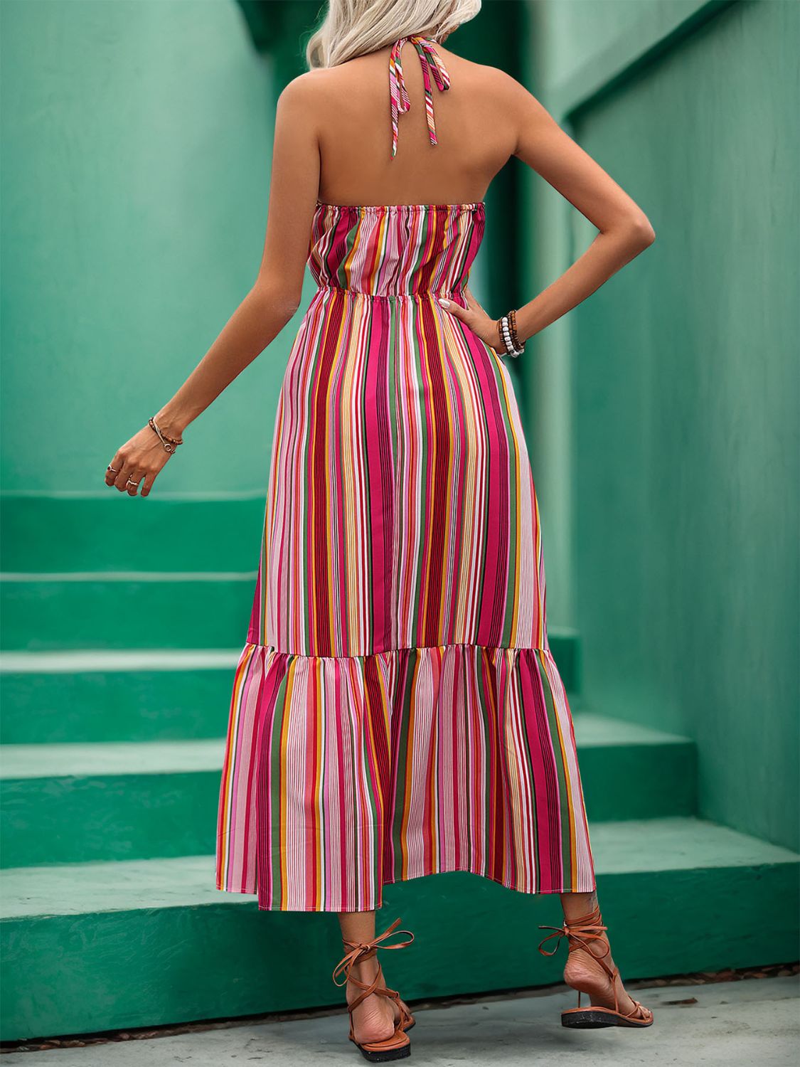 Perfee Lace Detail Striped Halter Neck Midi Dress.