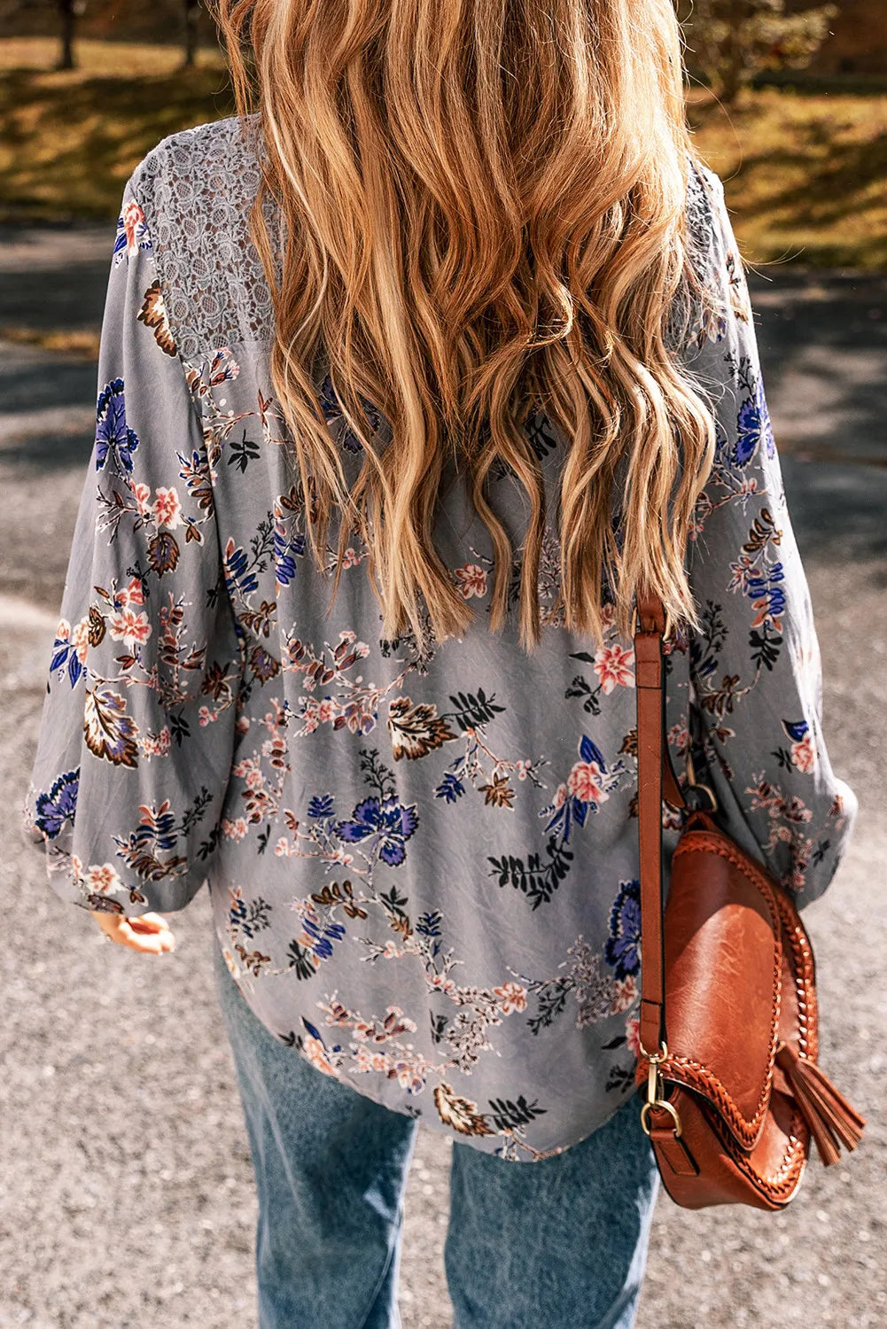Lace Detail V-Neck Balloon Sleeve Blouse.