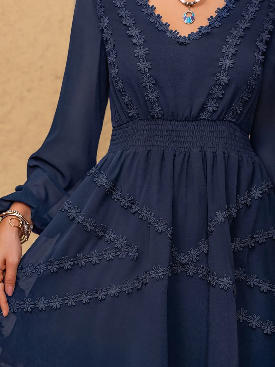 Lace Detail V-Neck Balloon Sleeve Mini Dress.