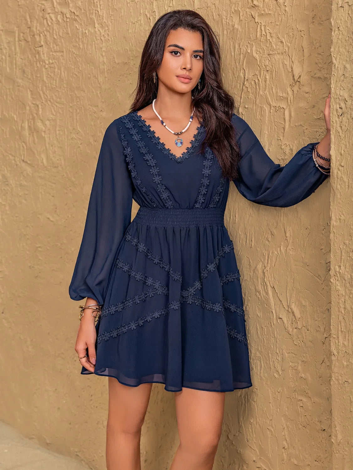 Lace Detail V-Neck Balloon Sleeve Mini Dress.