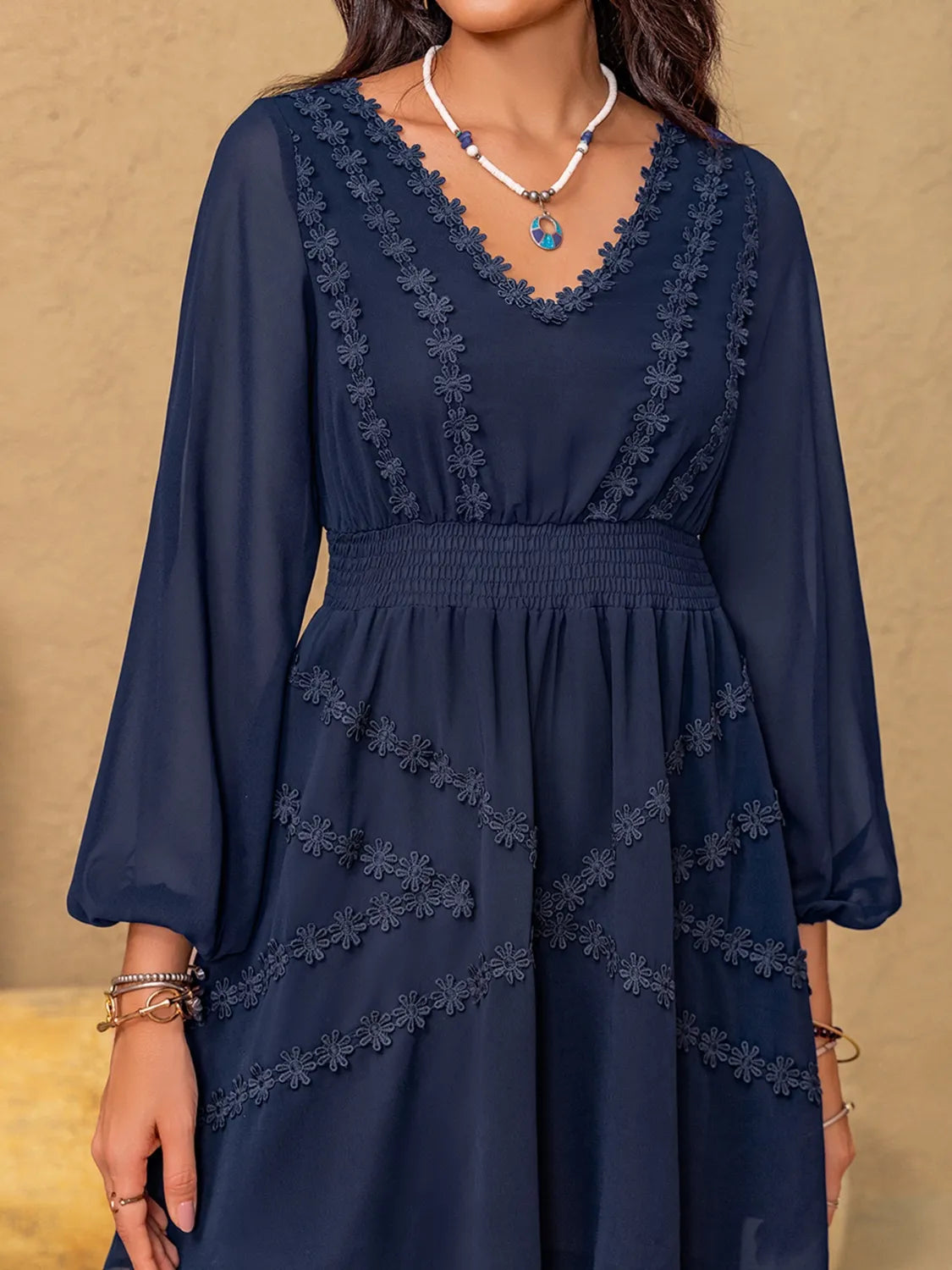 Lace Detail V-Neck Balloon Sleeve Mini Dress.
