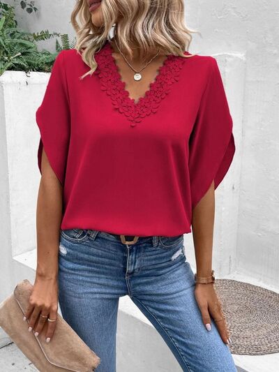 Lace Detail V-Neck Half Sleeve Blouse.