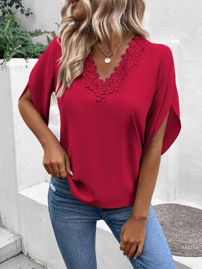 Lace Detail V-Neck Half Sleeve Blouse.