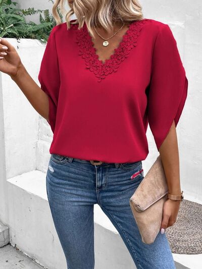 Lace Detail V-Neck Half Sleeve Blouse.