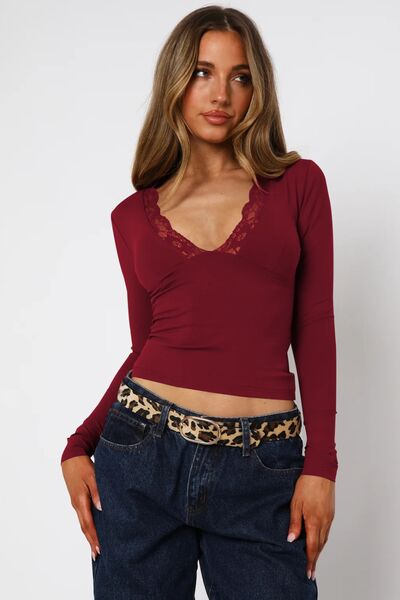 Lace Detail V-Neck Long Sleeve T-Shirt