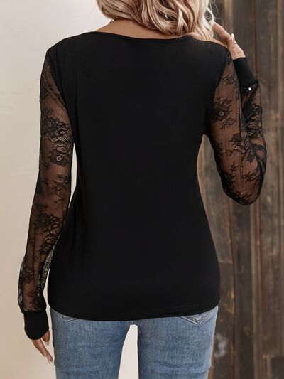 Lace Detail V-Neck Long Sleeve Top.