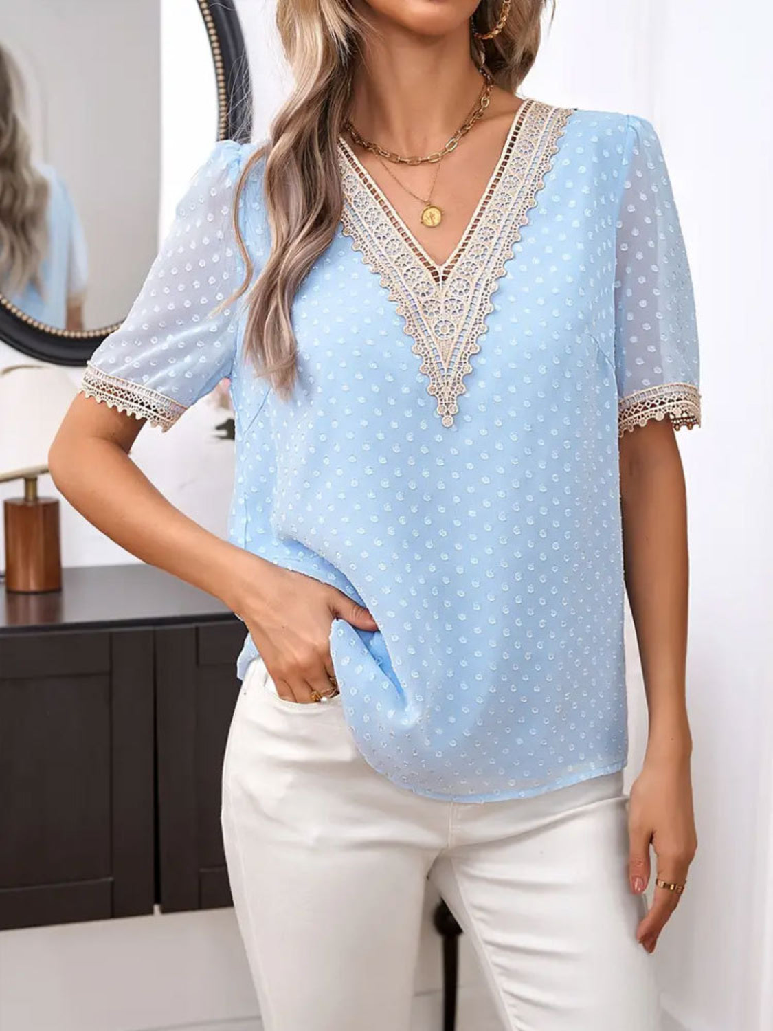 Lace Detail V-Neck Short Sleeve Blouse.