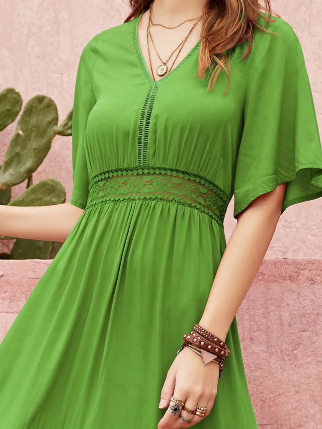 Lace Detail V-Neck Short Sleeve Dress.