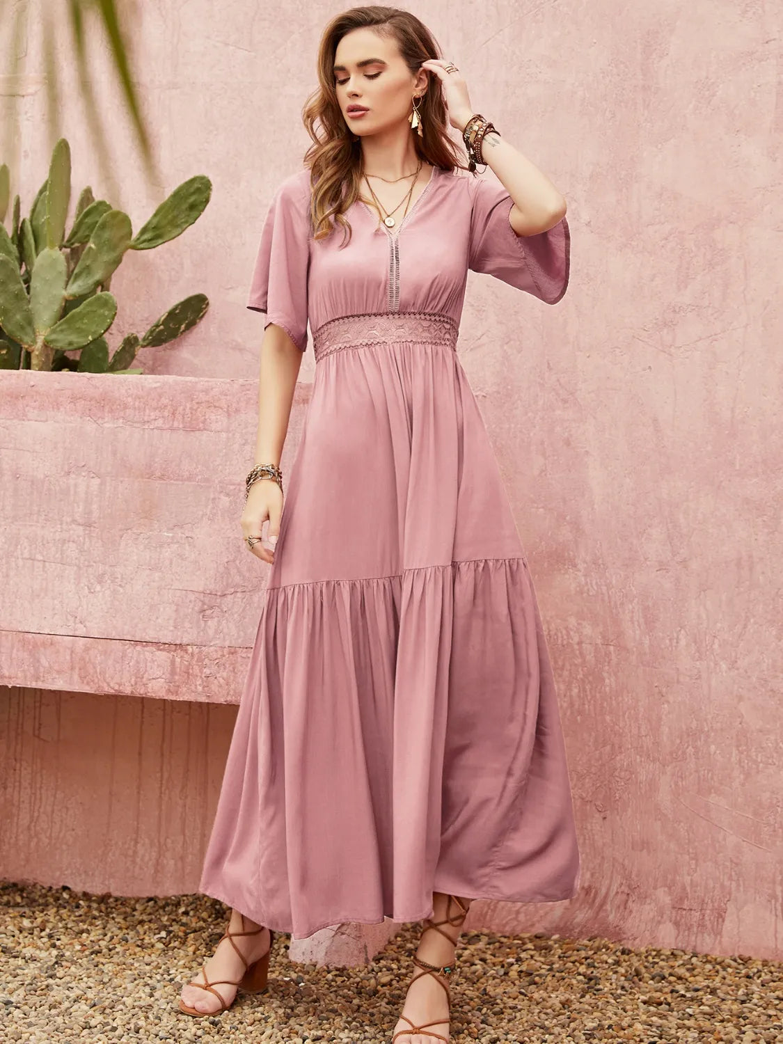 Lace Detail V-Neck Short Sleeve Dress.