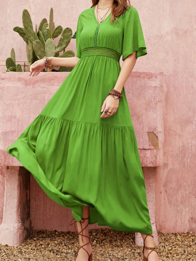 Lace Detail V-Neck Short Sleeve Dress.