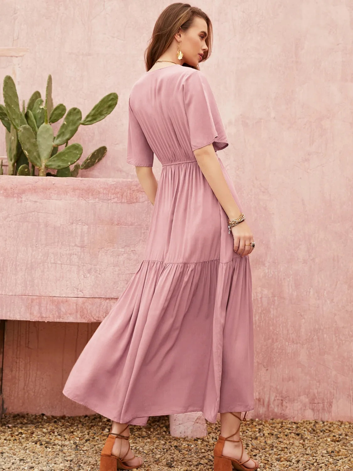Lace Detail V-Neck Short Sleeve Dress.