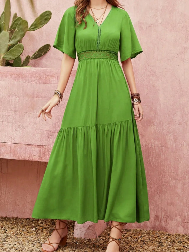 Lace Detail V-Neck Short Sleeve Dress.