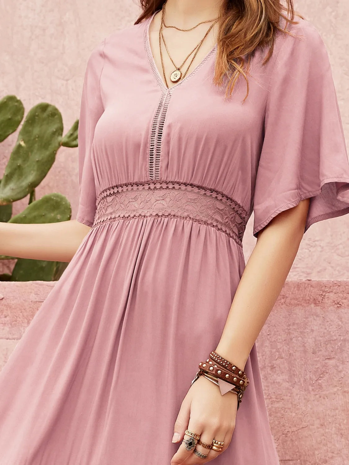 Lace Detail V-Neck Short Sleeve Dress.