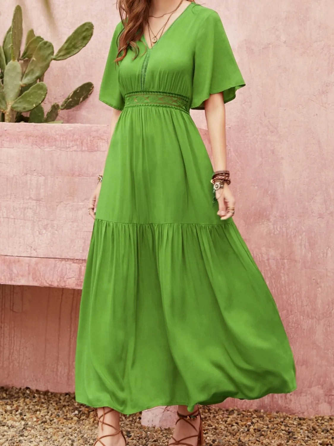 Lace Detail V-Neck Short Sleeve Dress.