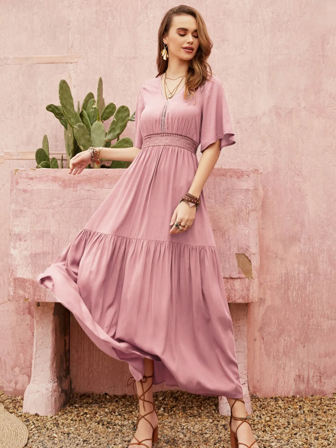Lace Detail V-Neck Short Sleeve Dress.