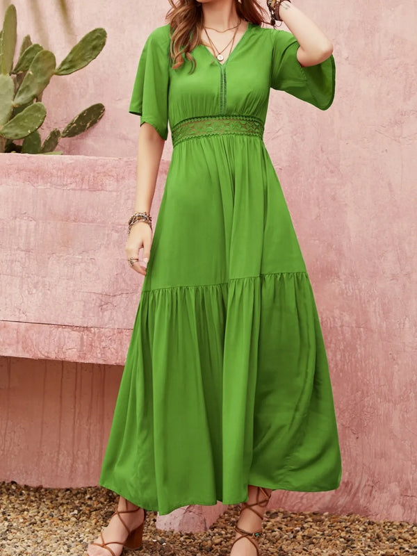 Lace Detail V-Neck Short Sleeve Dress.
