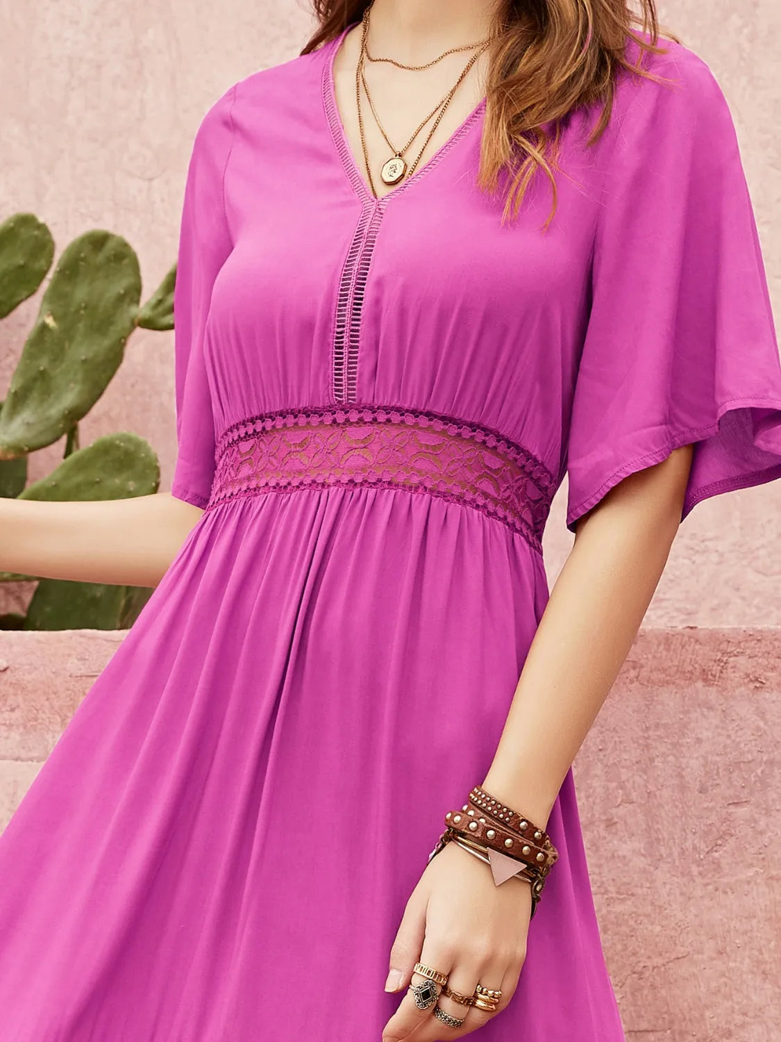 Lace Detail V-Neck Short Sleeve Midi Dress.