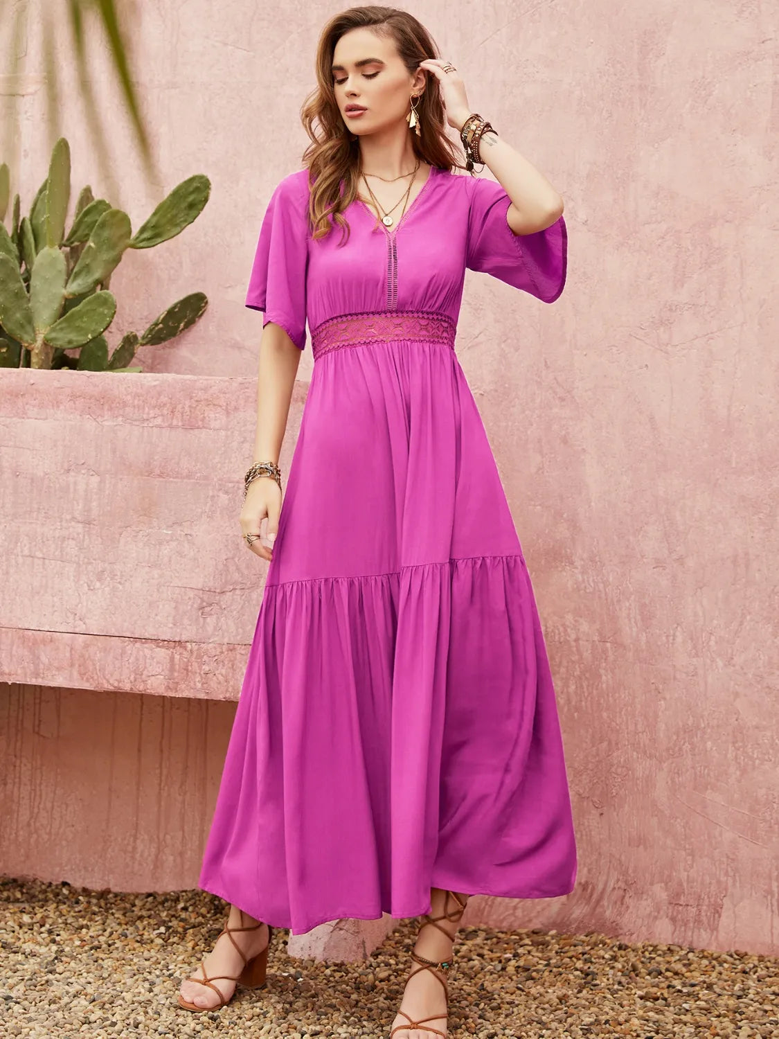 Lace Detail V-Neck Short Sleeve Midi Dress.