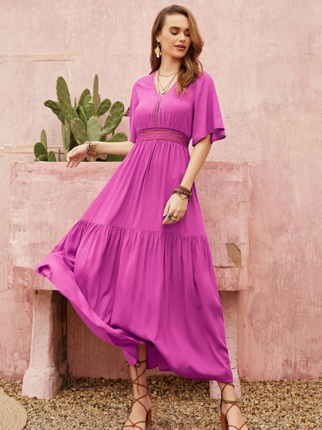 Lace Detail V-Neck Short Sleeve Midi Dress.