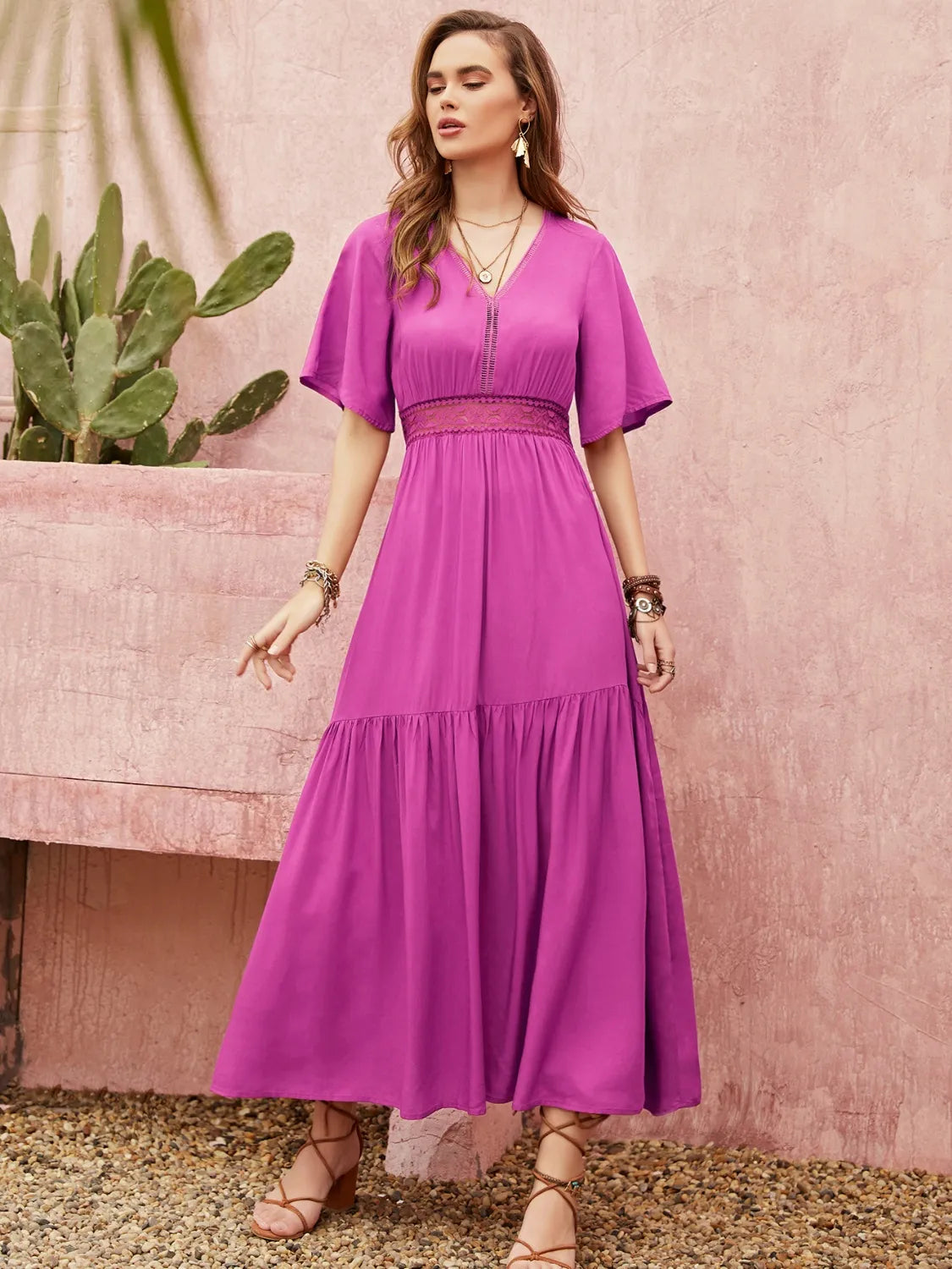 Lace Detail V-Neck Short Sleeve Midi Dress.