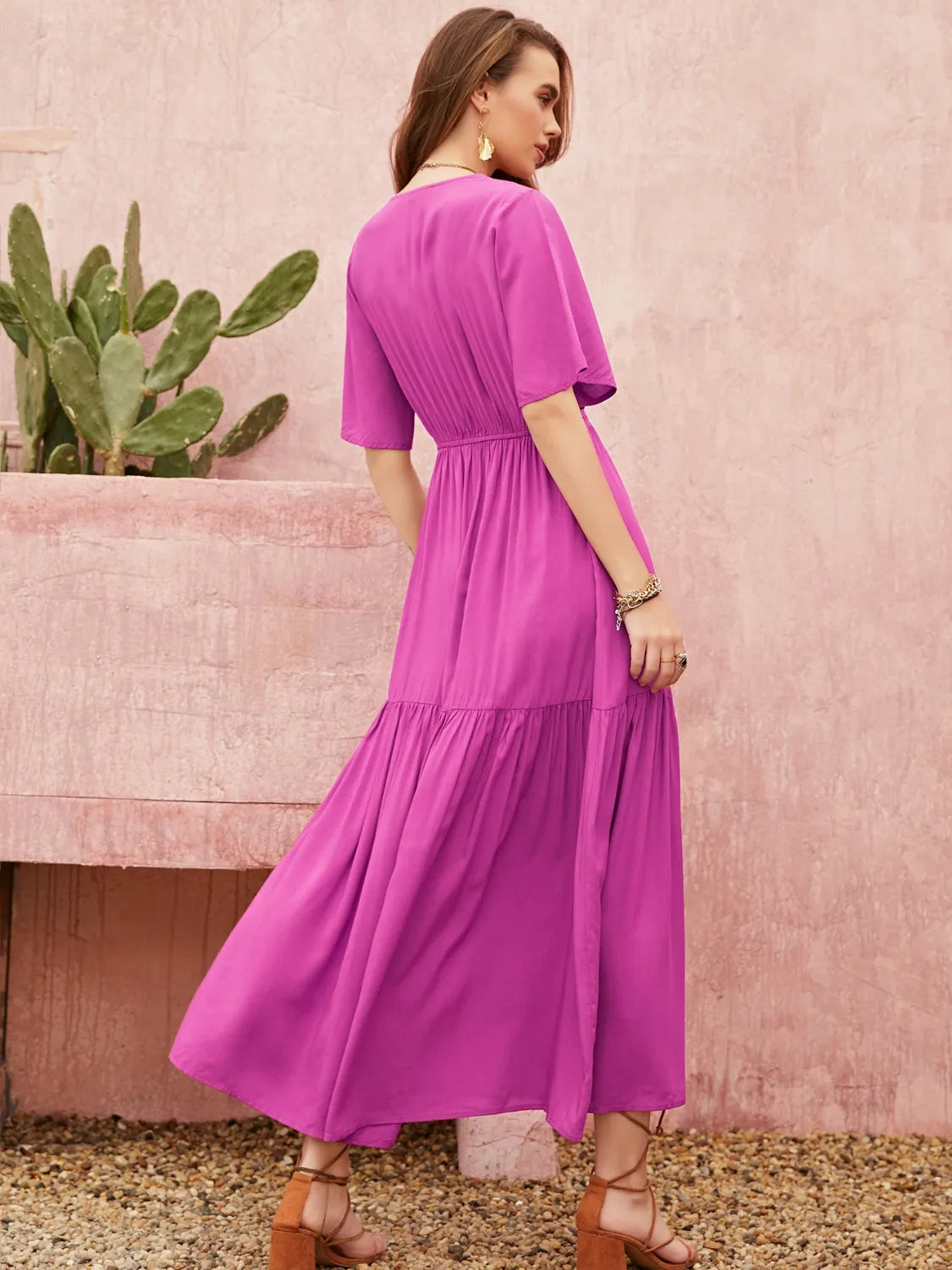 Lace Detail V-Neck Short Sleeve Midi Dress.