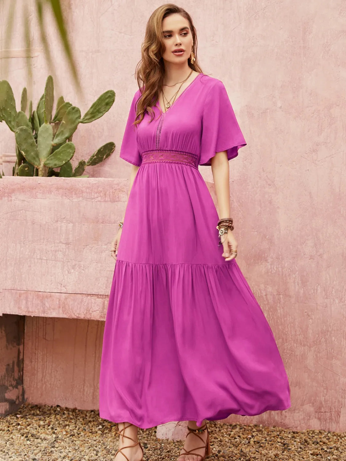 Lace Detail V-Neck Short Sleeve Midi Dress.