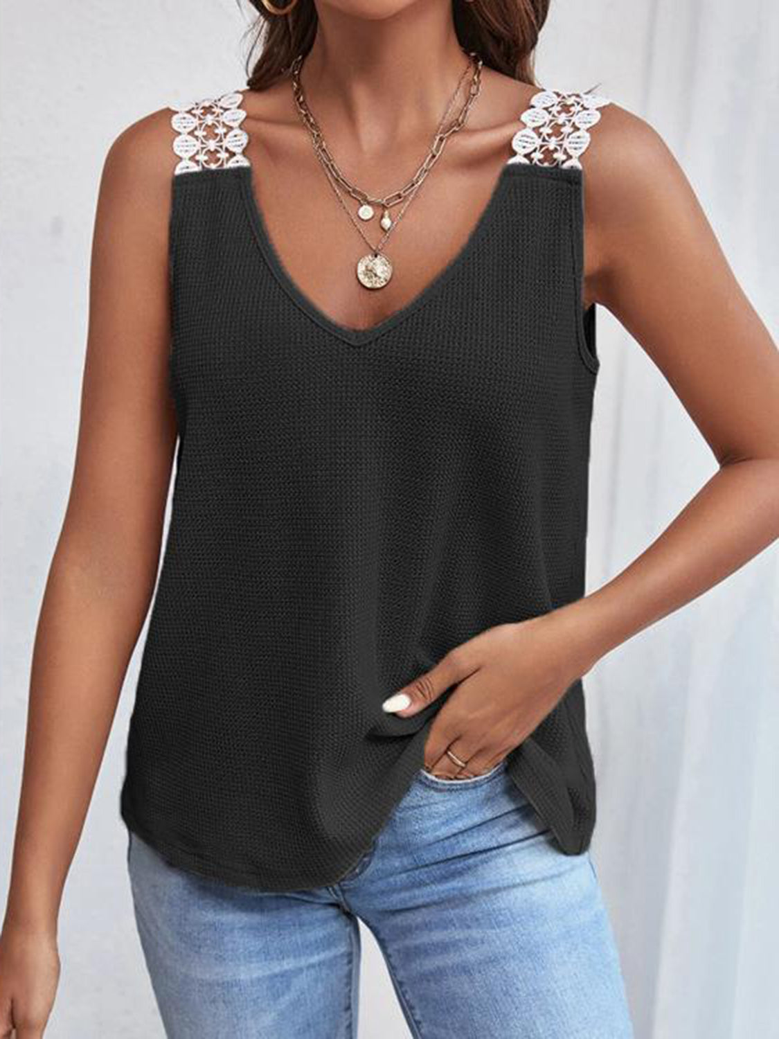 Full size lace detail V-neck tank top.