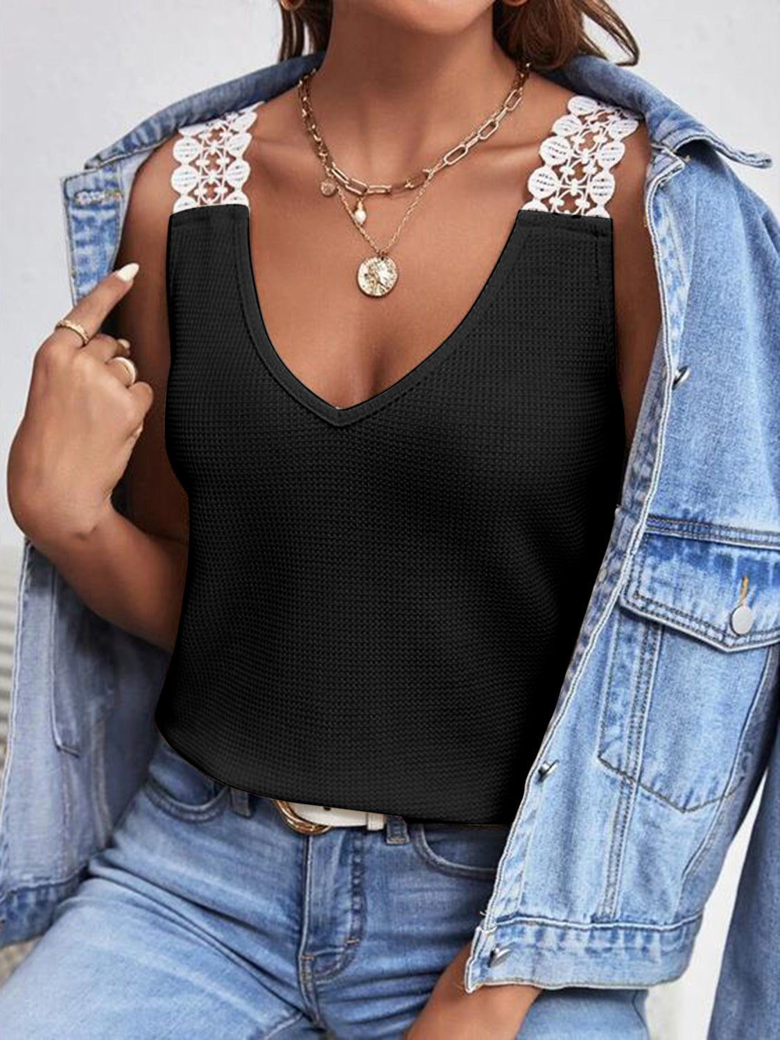 Full size lace detail V-neck tank top.
