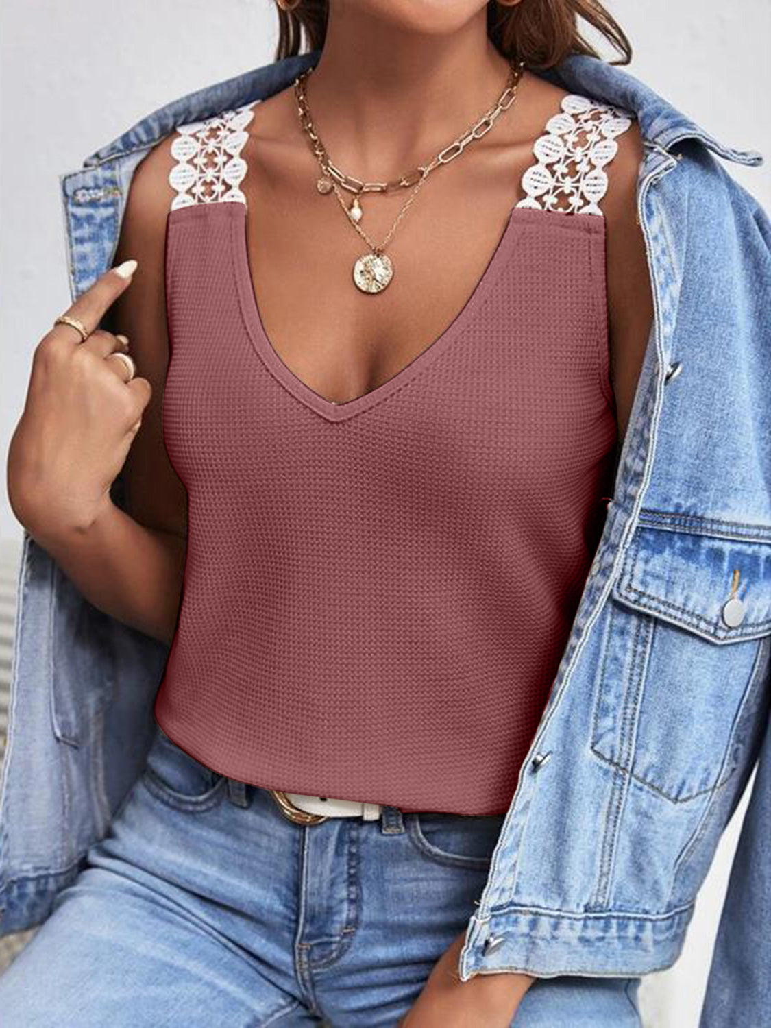 Full size lace detail V-neck tank top.