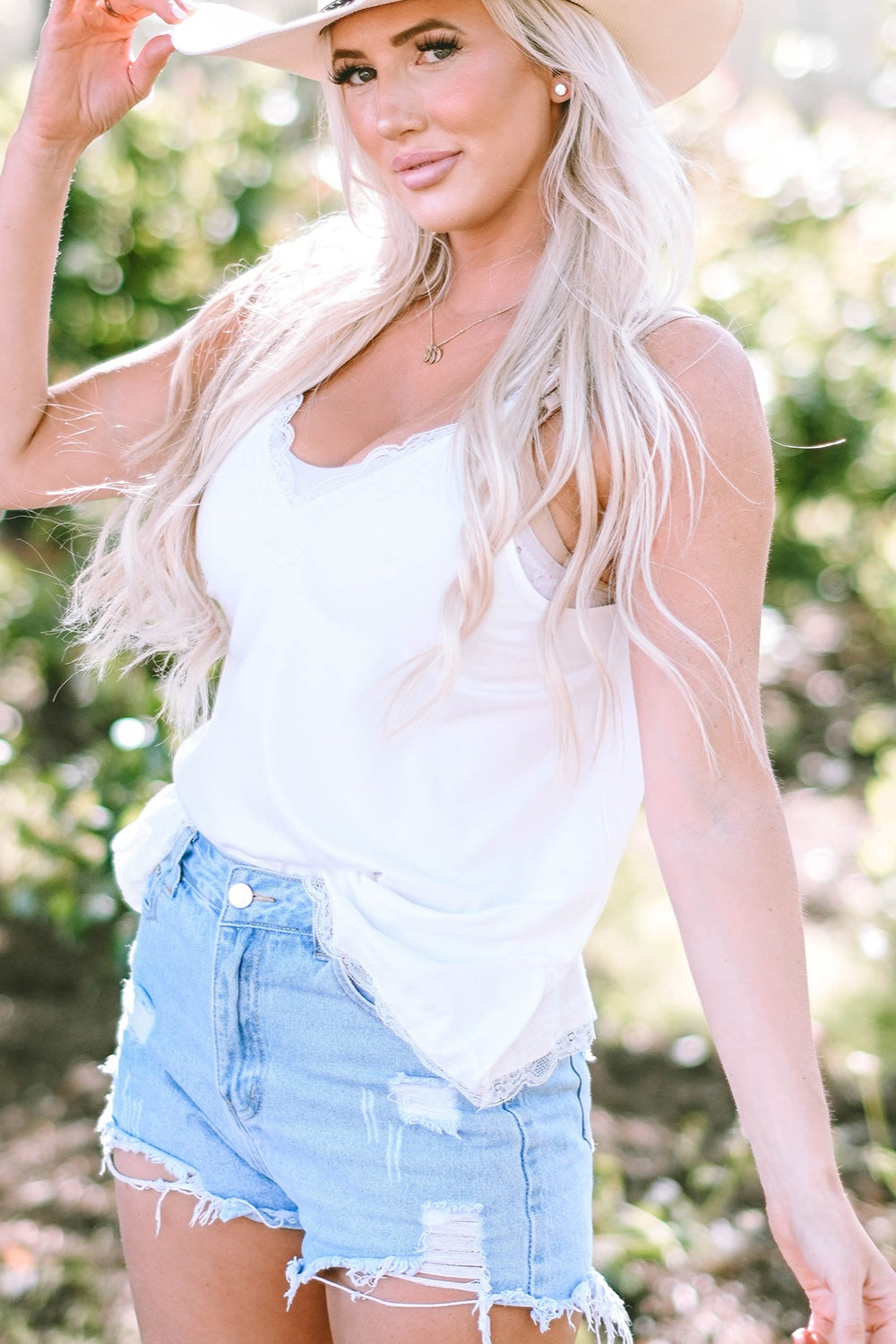 Lace detail V-neck tank, opaque.