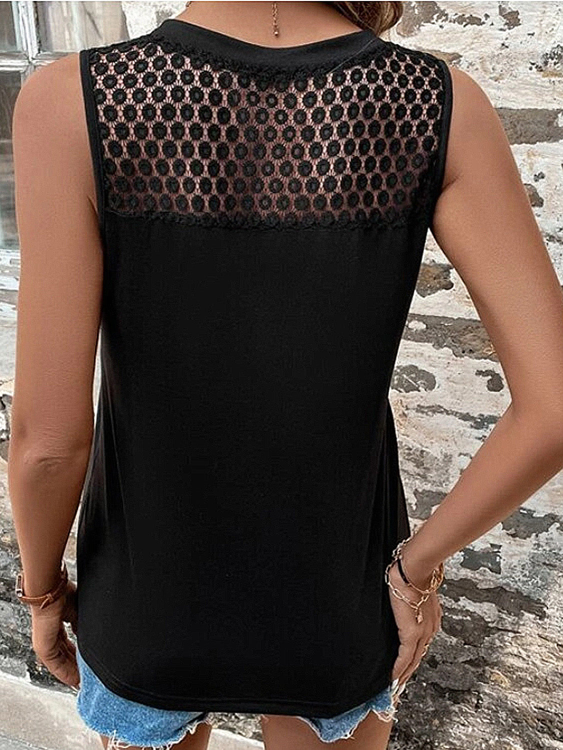 Lace detail V-neck tank, semi-sheer and slightly stretchy.