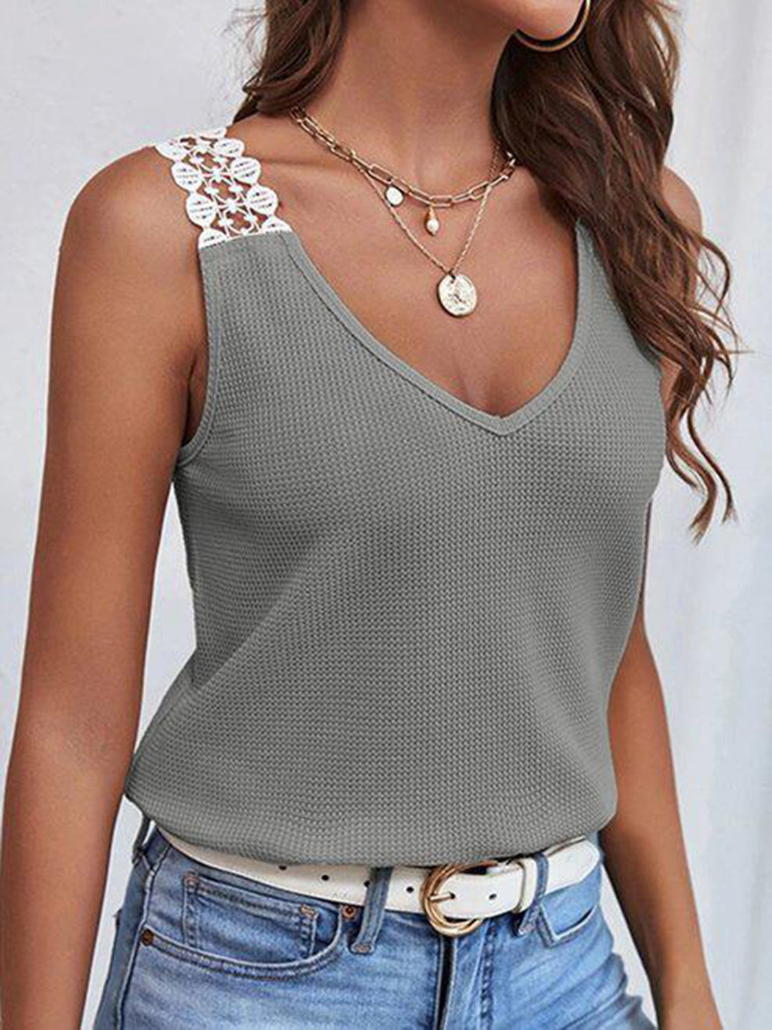 Full size lace detail V-neck tank top.