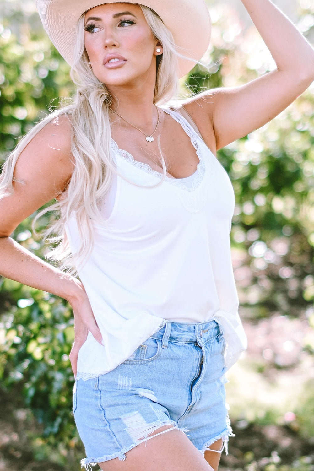 Lace detail V-neck tank, opaque.