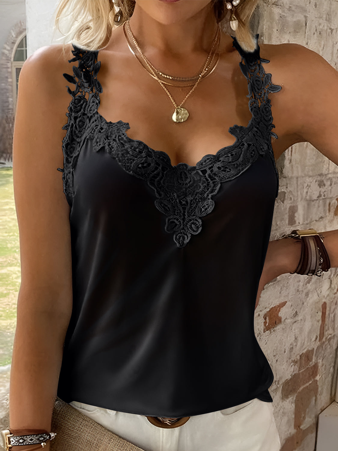 Full size lace detail V-neck tank top.