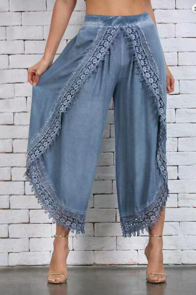 Lace detail wide leg pants plus size, opaque.