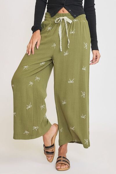 Lace drawstring embroidered bow wide leg pants plus size, opaque.