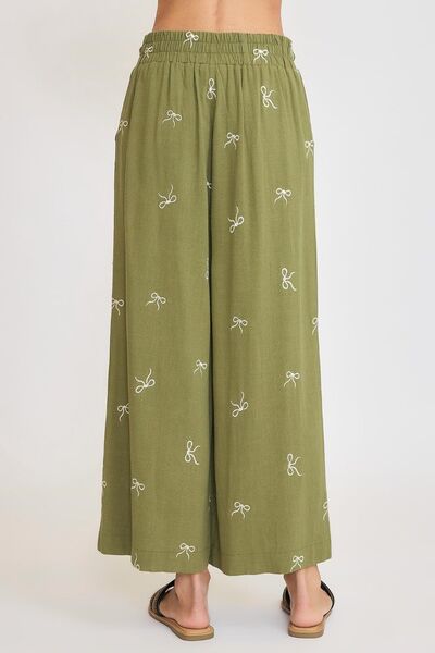 Lace drawstring embroidered bow wide leg pants plus size, opaque.