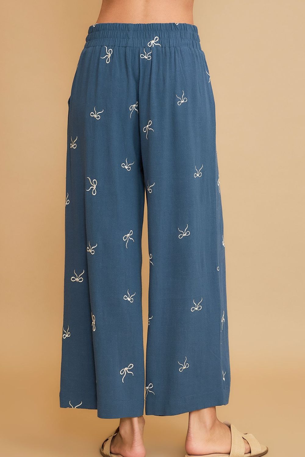 Lace drawstring embroidered bow wide leg pants plus size, opaque.