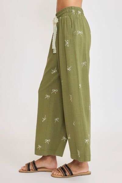 Lace drawstring embroidered bow wide leg pants plus size, opaque.